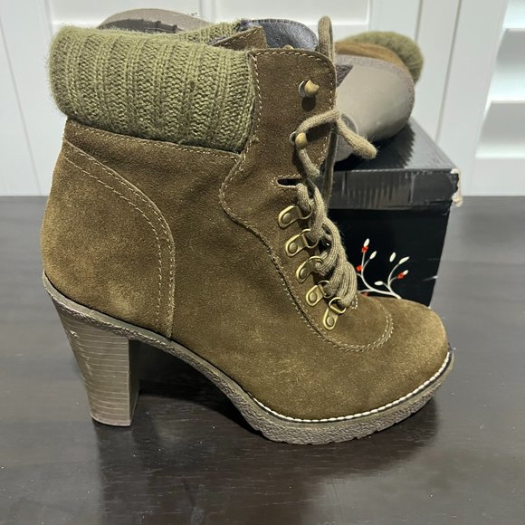 Envy Hello Lace up Suede two tone sweater collar Olive Bootie - Size 7.5 - Picture 9 of 12